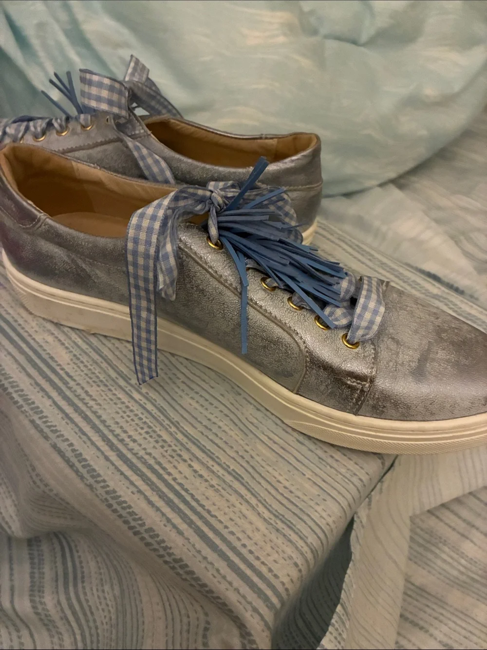 SCHUTZ Metallic Silver Sneakers with Blue Accents